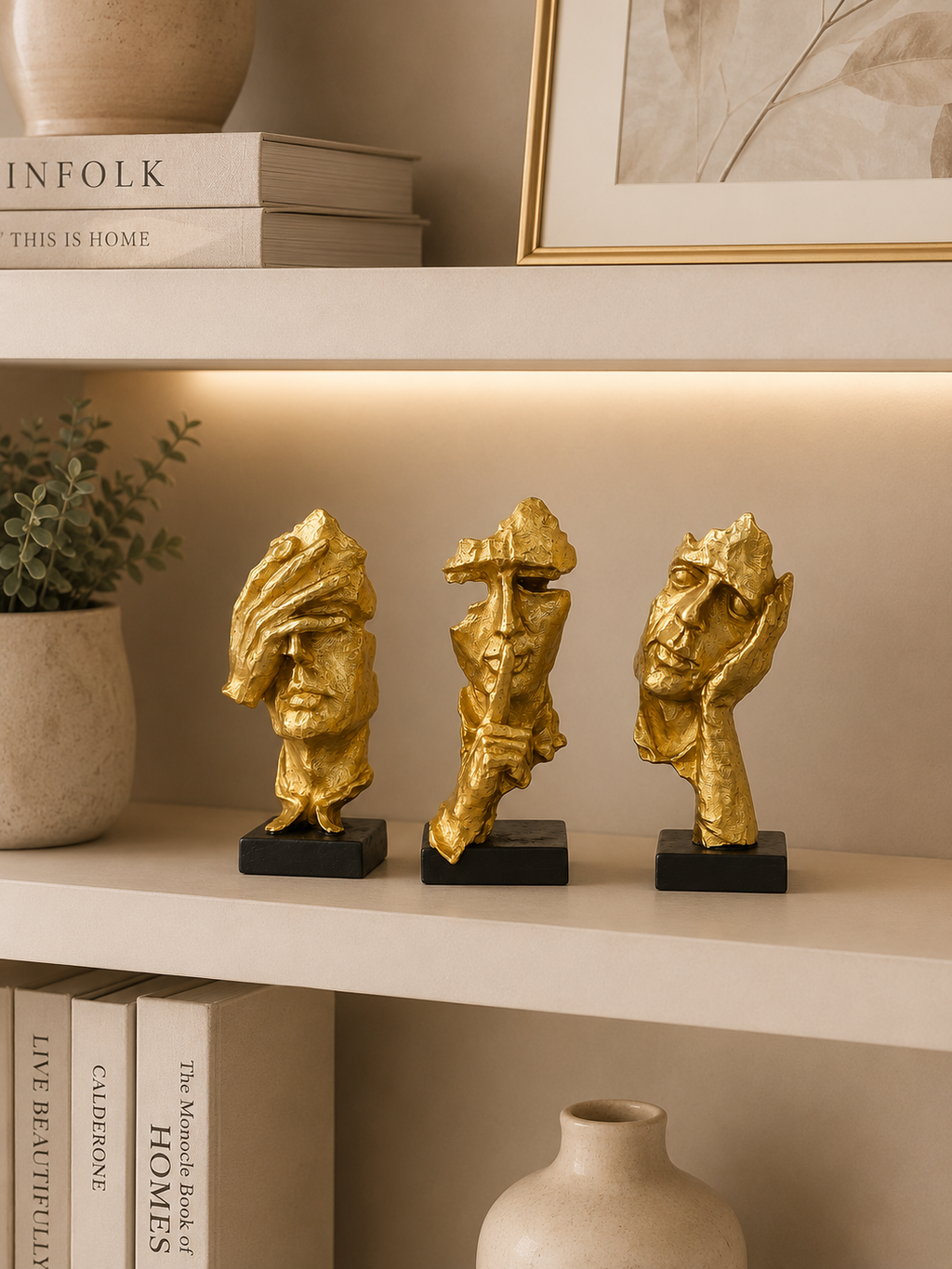 Abstract Golden Face Sculpture Set of 3 | Modern Resin Decorative Statues for Home & Office