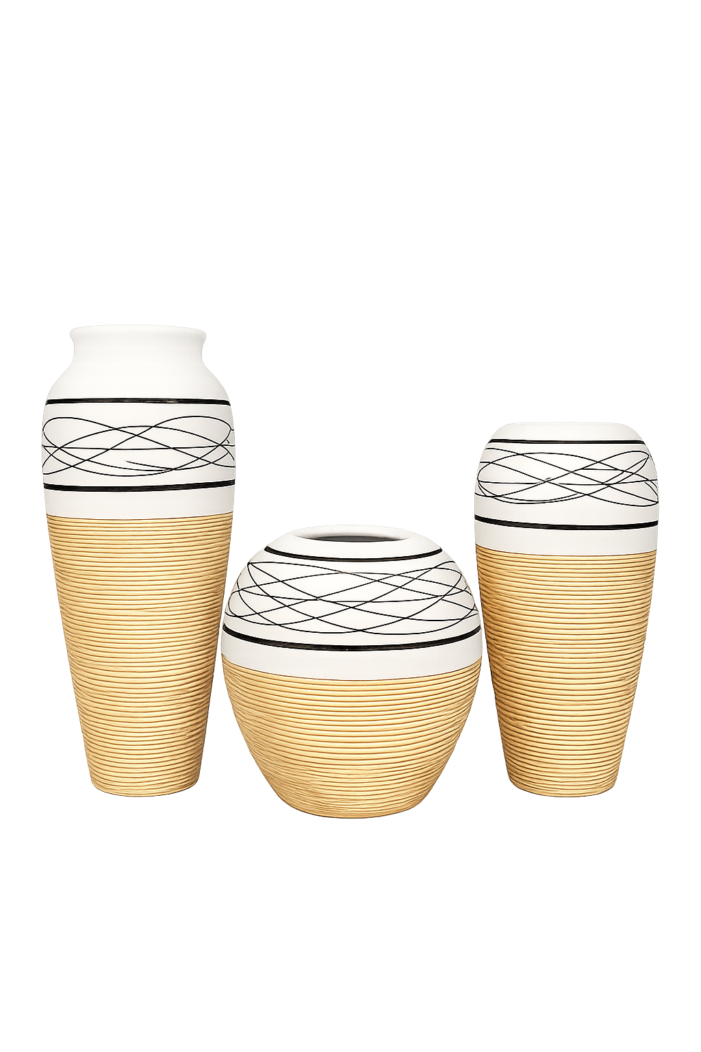 3-Piece Modern Decorative Vase Set – White & Natural Textured Home Décor Vases