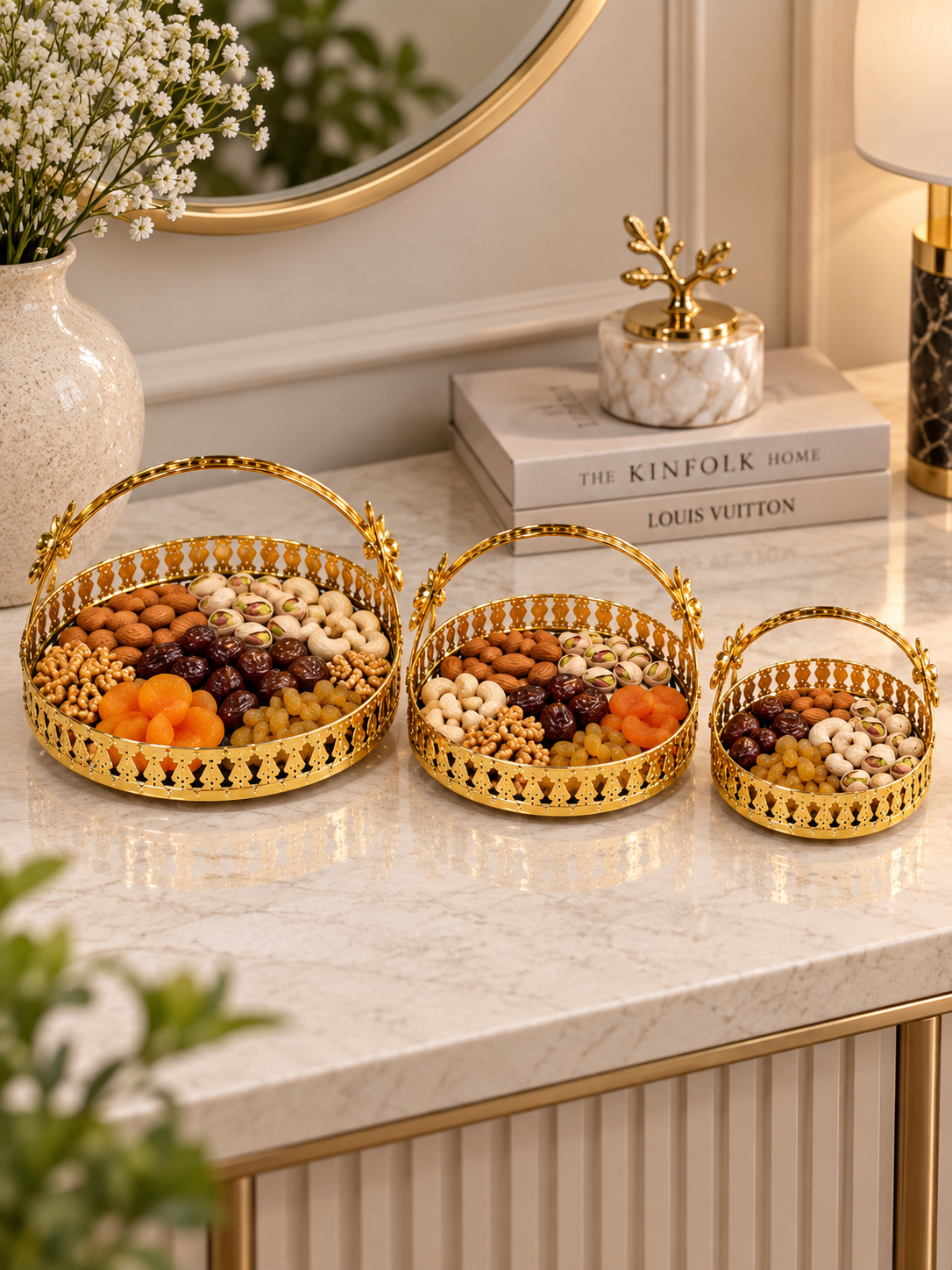 Luxury Gold Decorative Serving Tray Set with Handles – 3-Piece