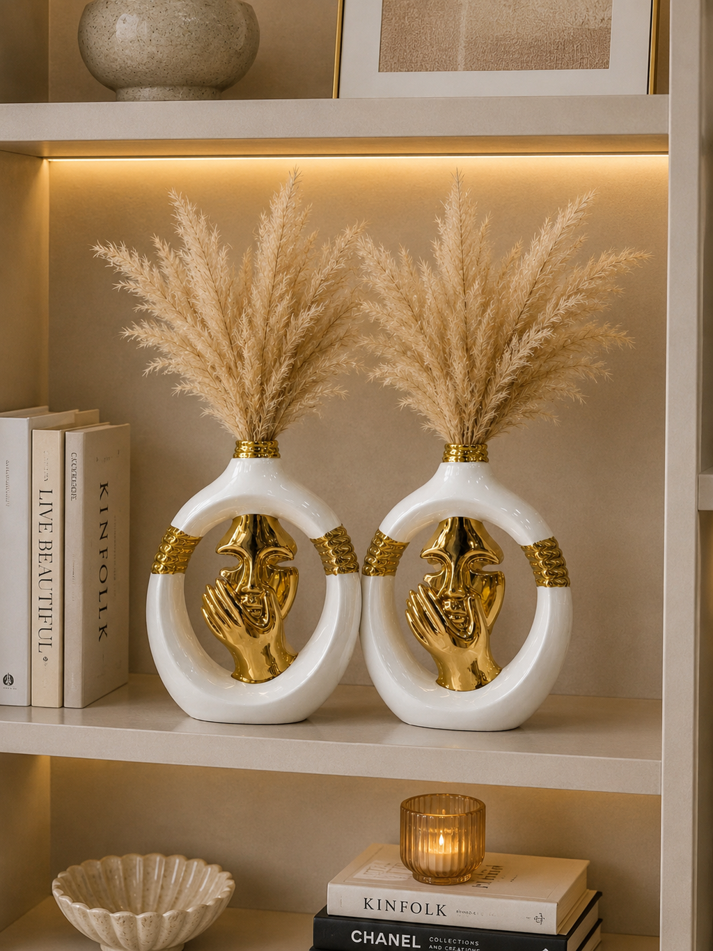 Luxury Face Design Ceramic Vase Set of 2 | Modern White & Gold Decorative Flower Vases | Home Décor