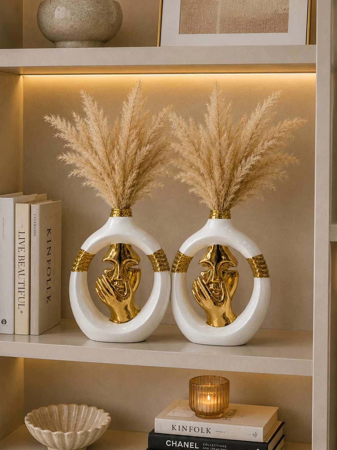 Luxury Face Design Ceramic Vase Set of 2 | Modern White & Gold Decorative Flower Vases | Home Décor