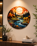 Autumn River Landscape Round Wall Art | Nature Scenery Canvas Wall Decor | Modern Circular Wall Painting