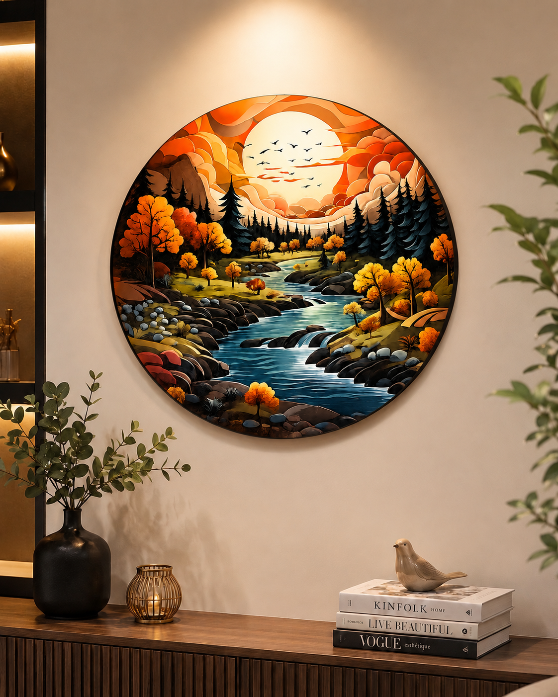 Autumn River Landscape Round Wall Art | Nature Scenery Canvas Wall Decor | Modern Circular Wall Painting