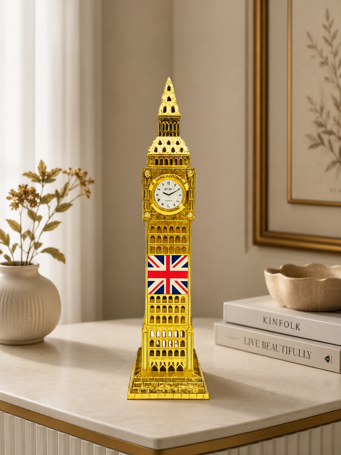 Luxury Big Ben Tower Clock Statue – Gold Decorative Table Clock with Union Jack Design