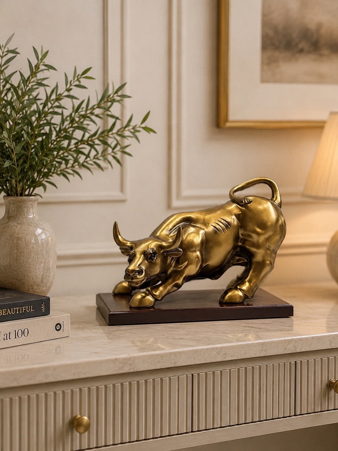 Angry Bull Resin Sculpture | Luxury Golden Bull Statue | Modern Home & Office Decorative Showpiece