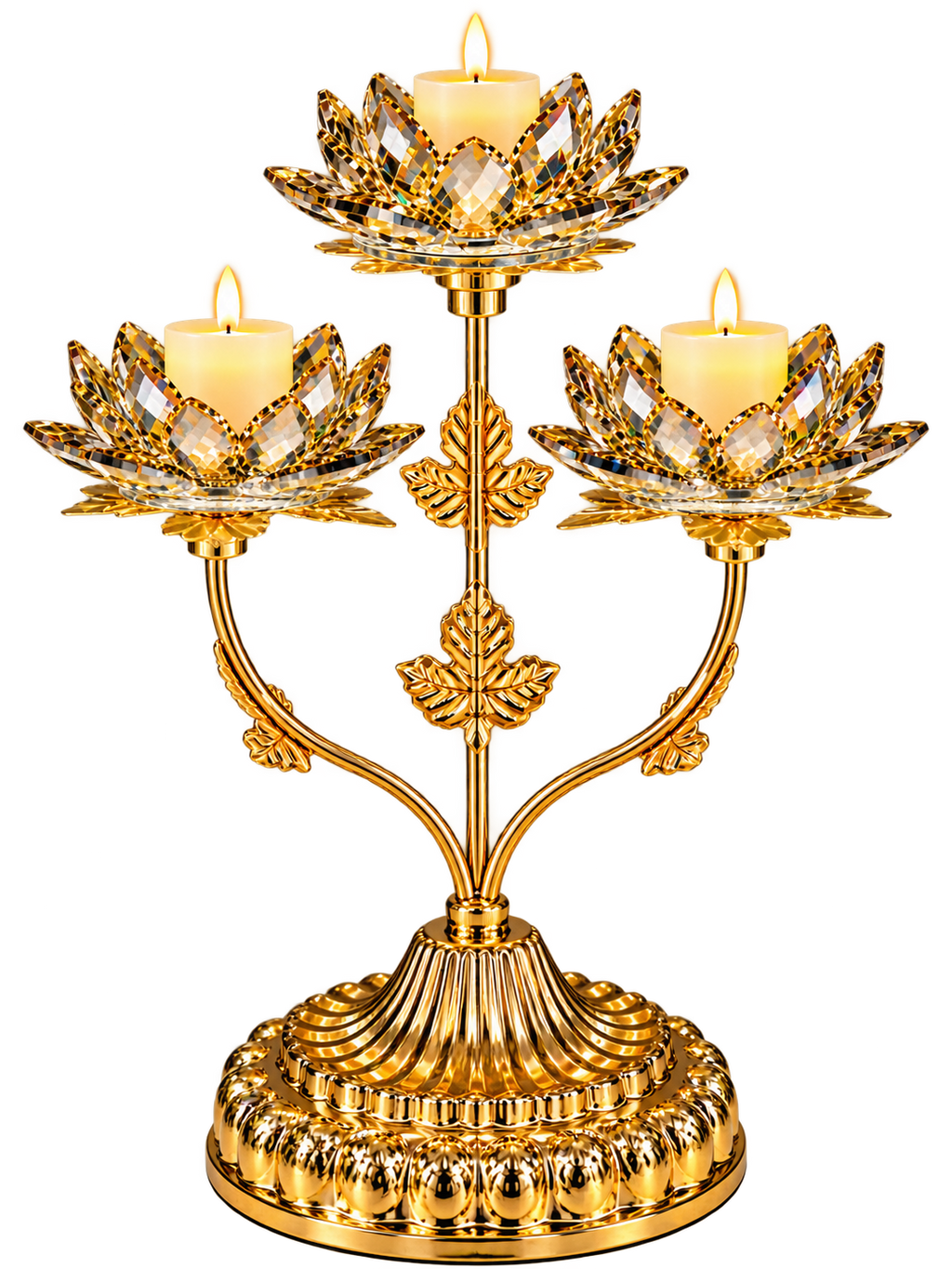 Luxury Golden Lotus Crystal 3-Cup Candle Holder – Elegant Decorative Centerpiece