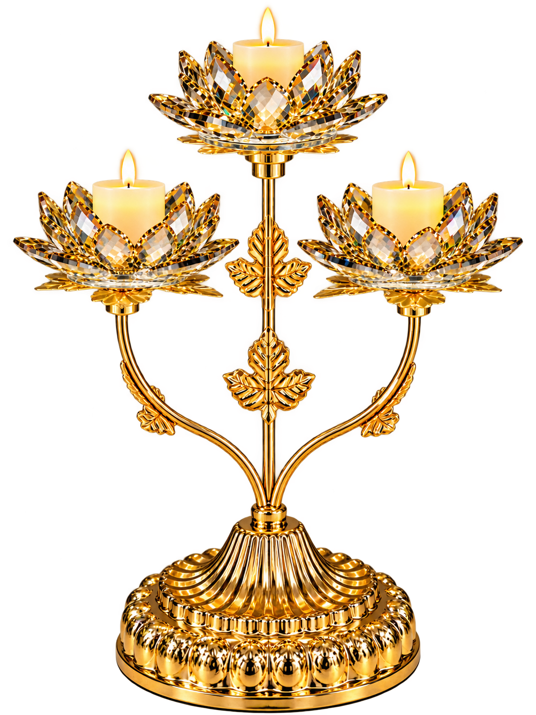Luxury Golden Lotus Crystal 3-Cup Candle Holder – Elegant Decorative Centerpiece