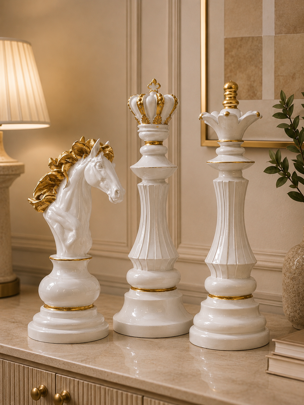 Luxury Chess Piece Sculpture Set – White & Gold Resin Decorative Chess Ornaments (King, Queen & Knight)