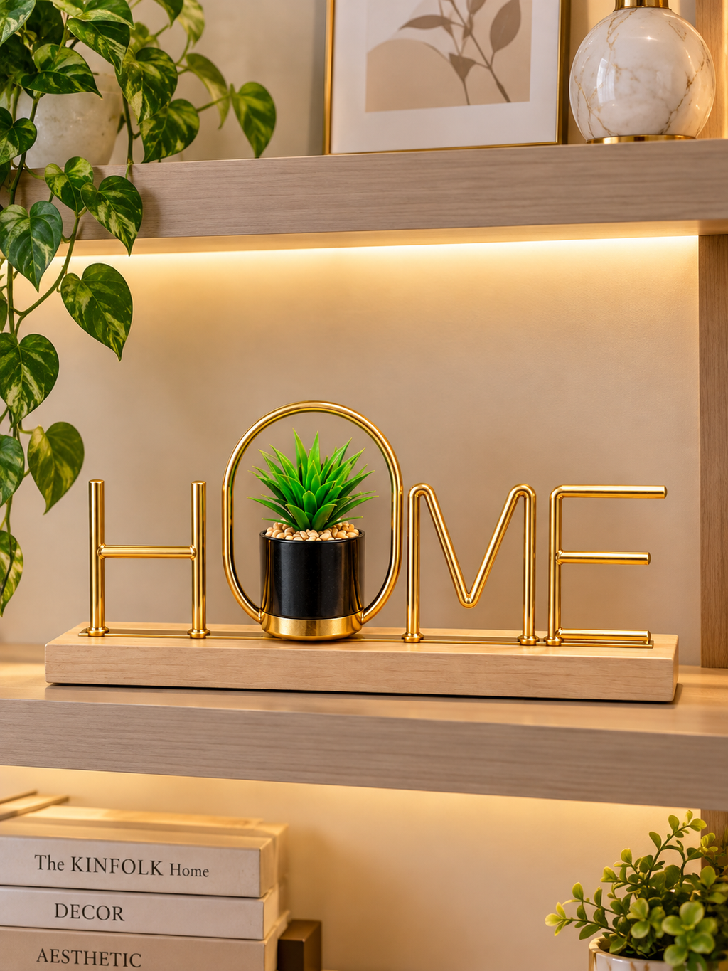 Gold HOME Letter Decorative Planter with Artificial Green Plant – Elegant Tabletop Home Decor