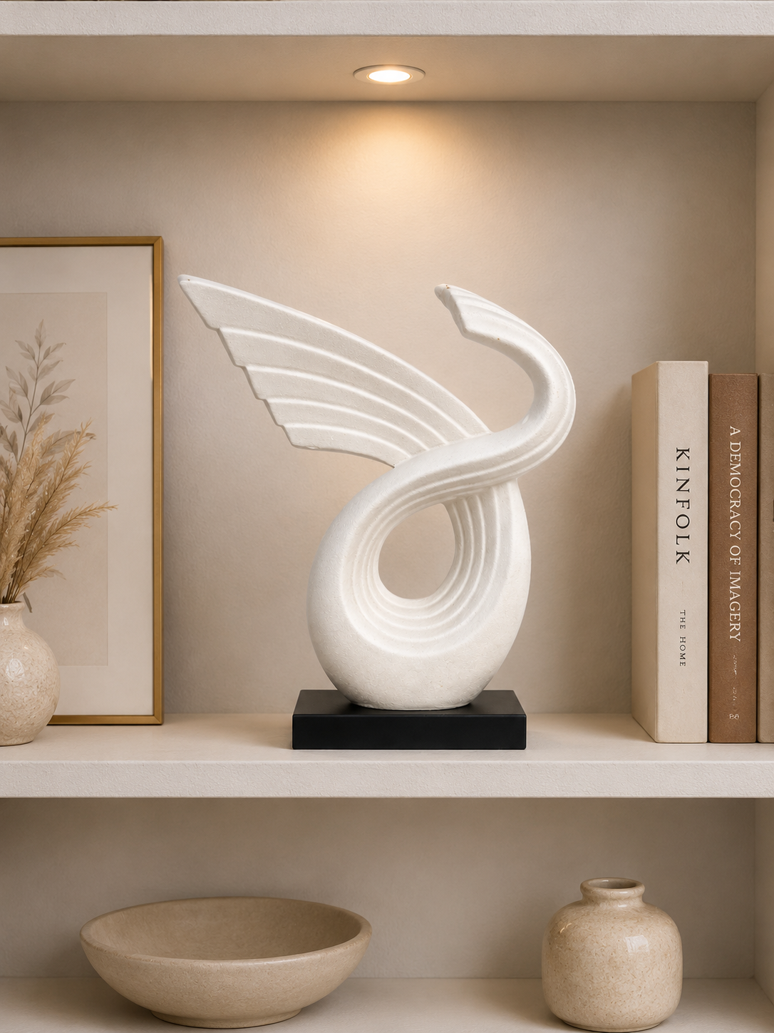 Modern White Angel Wing Decorative Sculpture with Black Base