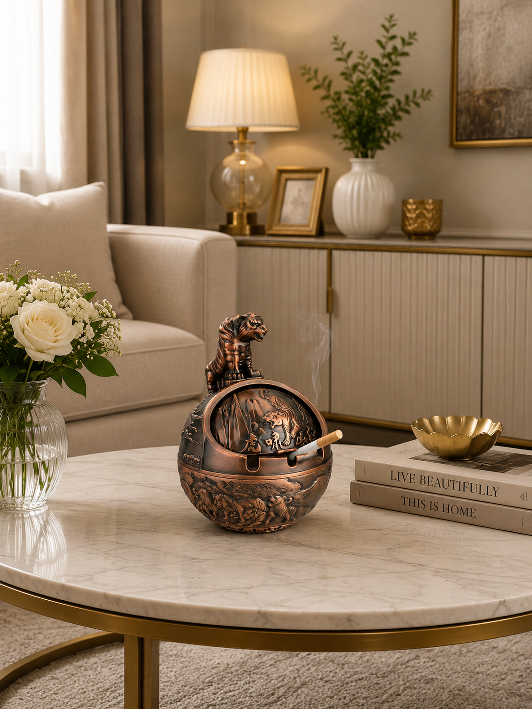 Luxury Tiger Metal Ashtray with Windproof Lid | Decorative Vintage Cigarette Ashtray | Premium Home & Office Décor