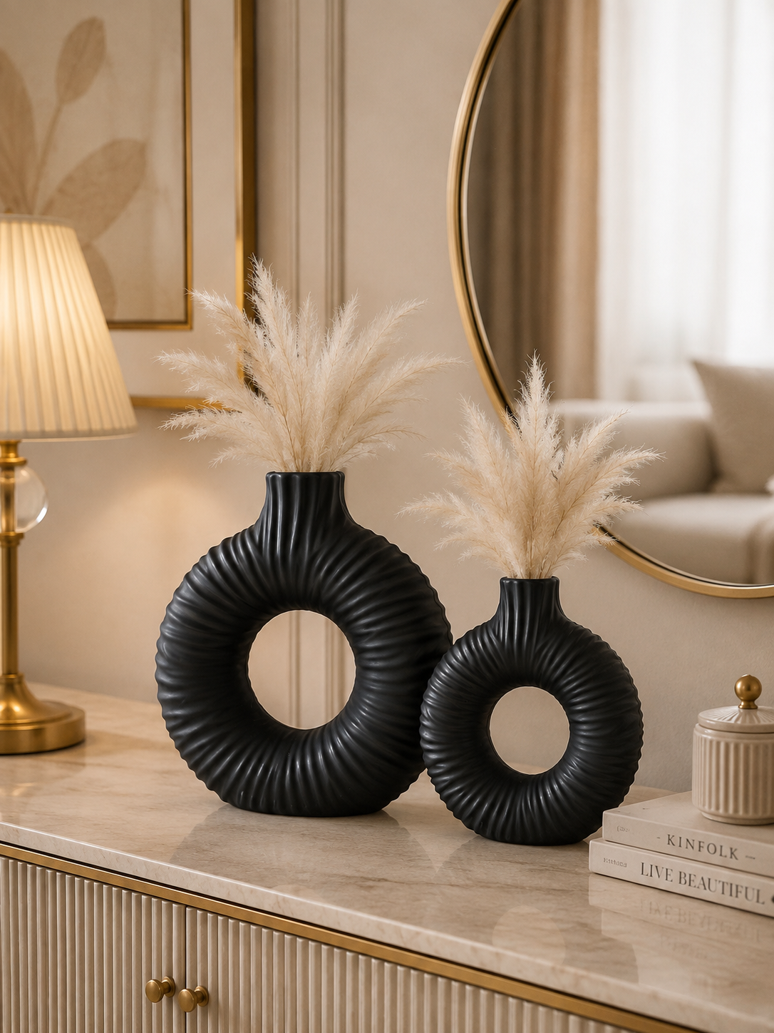 Luxury 2-Piece Donut Ceramic Vase Set | Modern Decorative Hollow Flower Vases | Home Décor