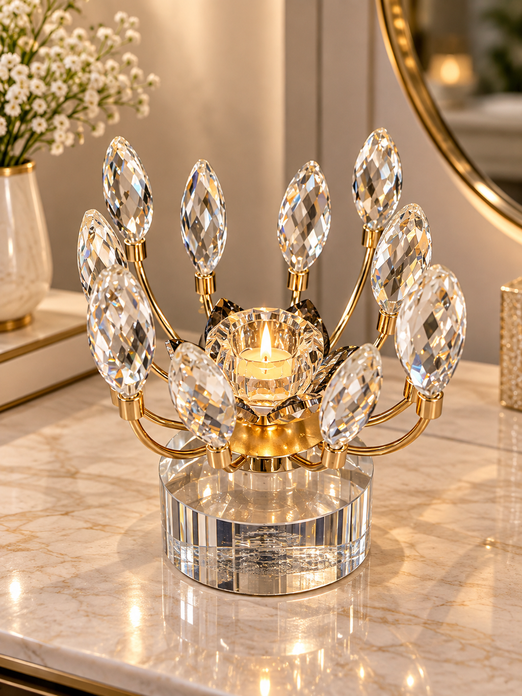Luxury Crystal Gold Candle Holder – Elegant Decorative Table Centerpiece