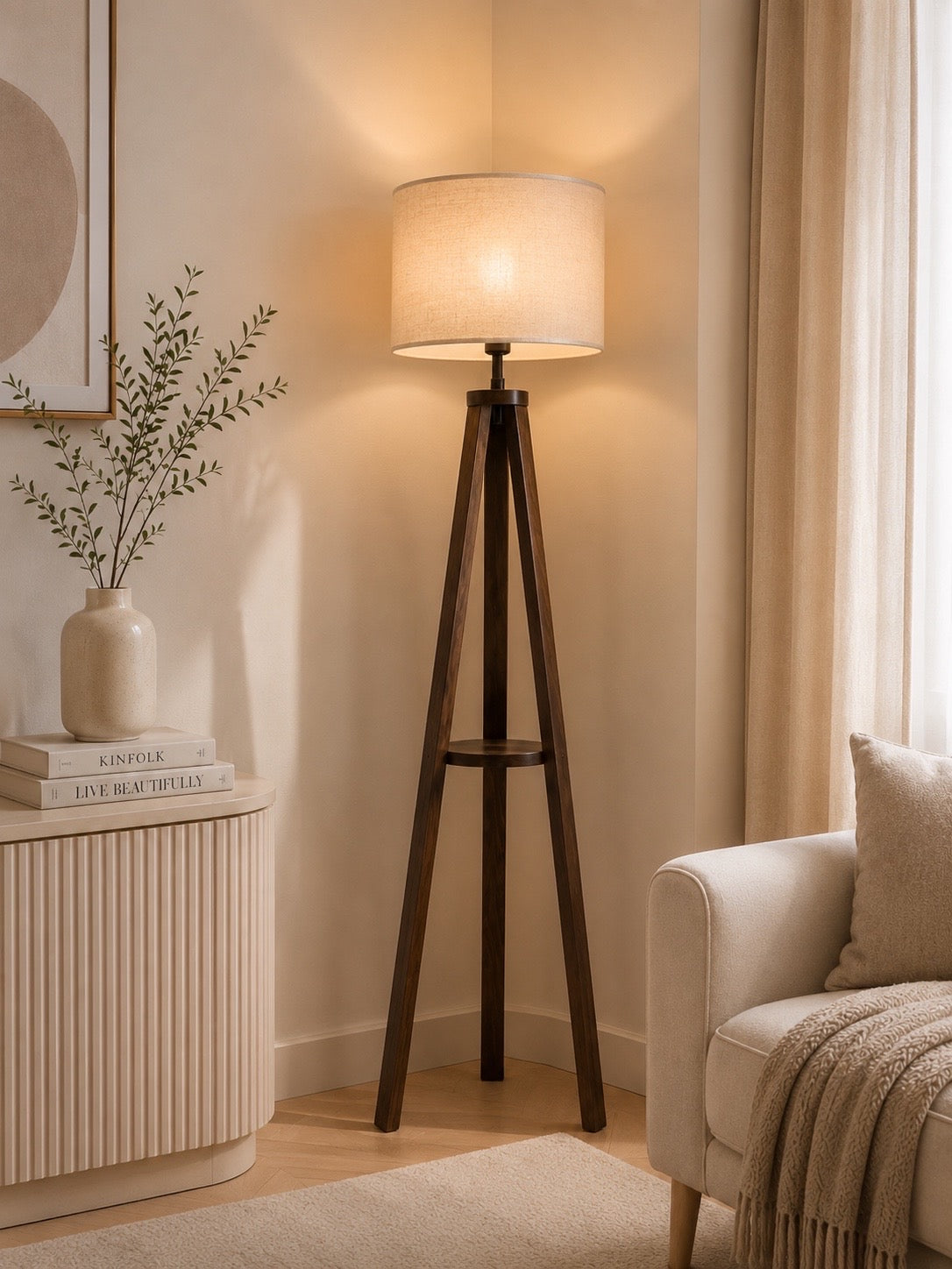 Modern Wooden Tripod Floor Lamp with Fabric Shade | Contemporary Standing Lamp | Living Room & Bedroom Lighting
