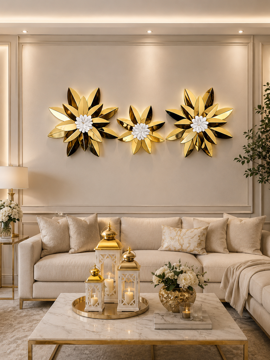 Luxury 3-Piece Gold Floral Metal Wall Art | Modern Flower Wall Décor | Living Room & Bedroom Decoration