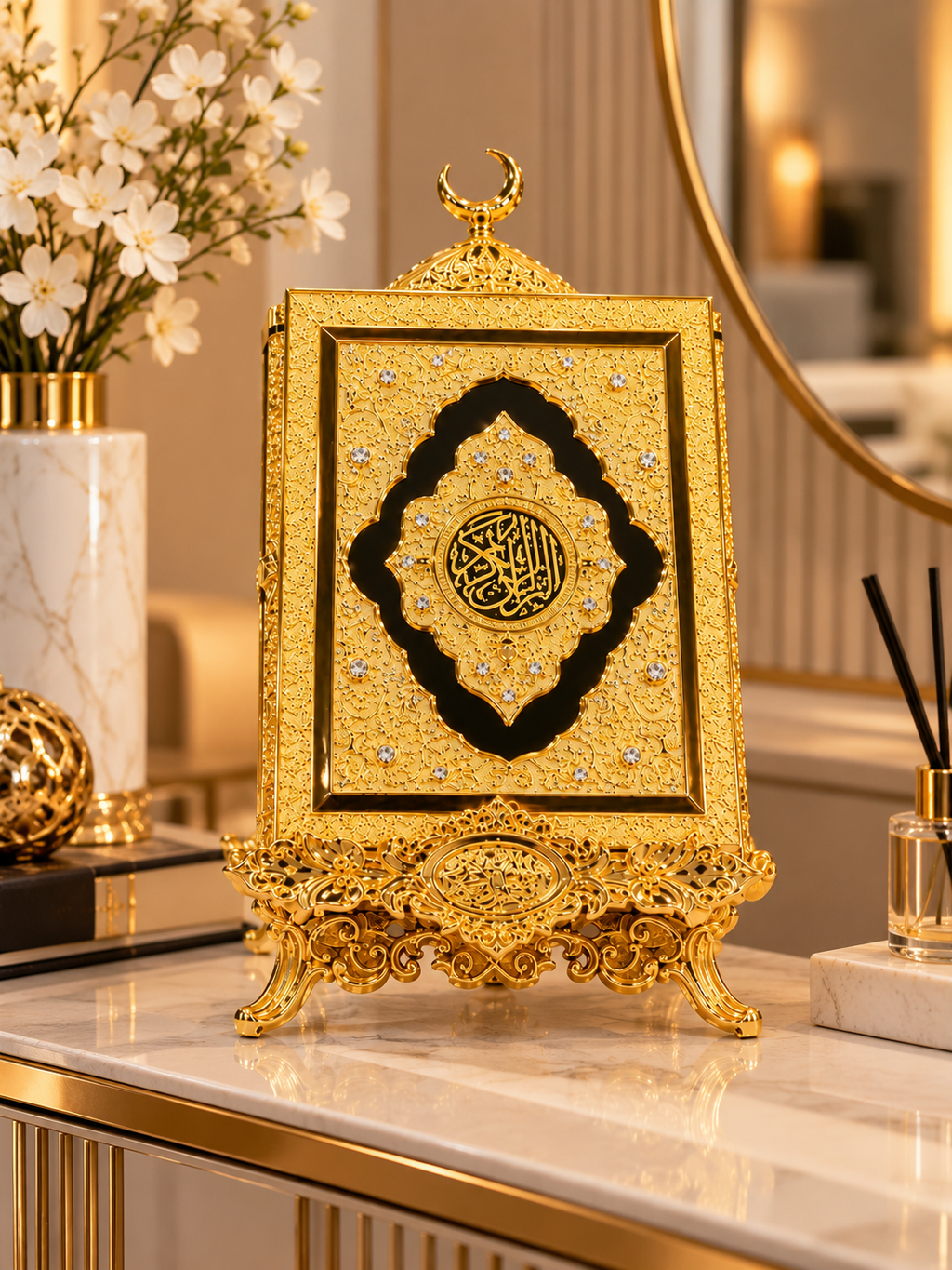 Luxury Golden Quran Decorative Stand with Crescent Moon – Islamic Home Décor