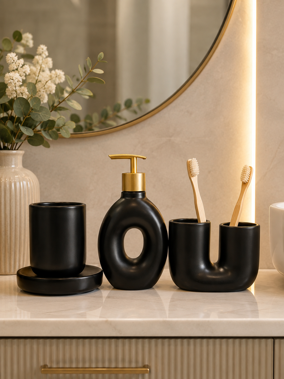 Modern 3-Piece Ceramic Bathroom Accessories Set | Soap Dispenser, Tumbler & Toothbrush Holder