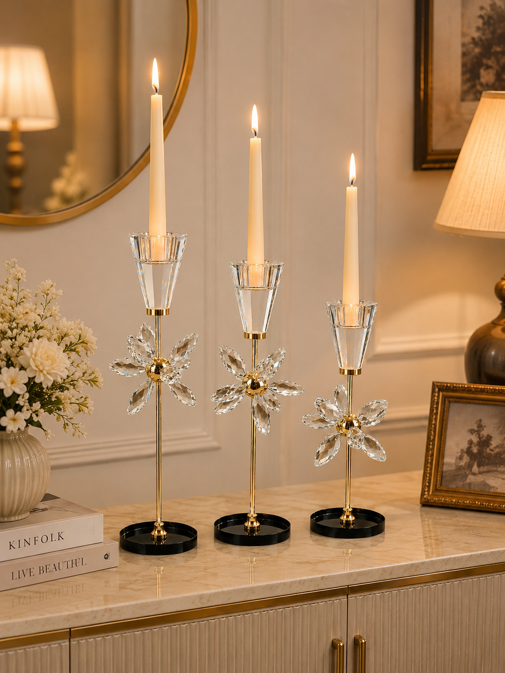 Luxury Crystal Flower Taper Candle Holder Set of 3 – Gold Metal Candle Stand with Crystal Glass Cups