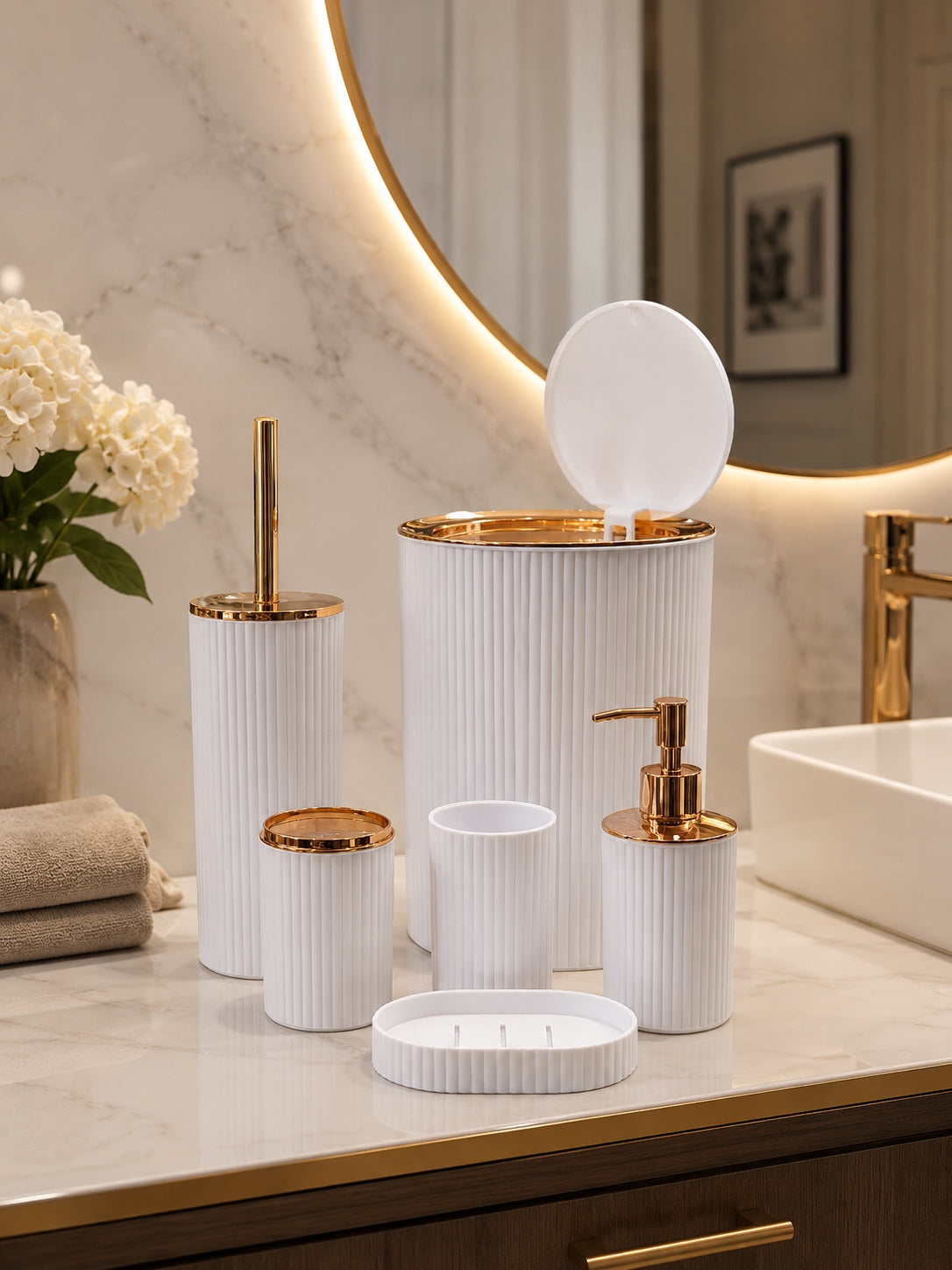 6-Piece Luxury White & Gold Bathroom Accessories Set | Soap Dispenser, Bin, Brush Holder & Organizer