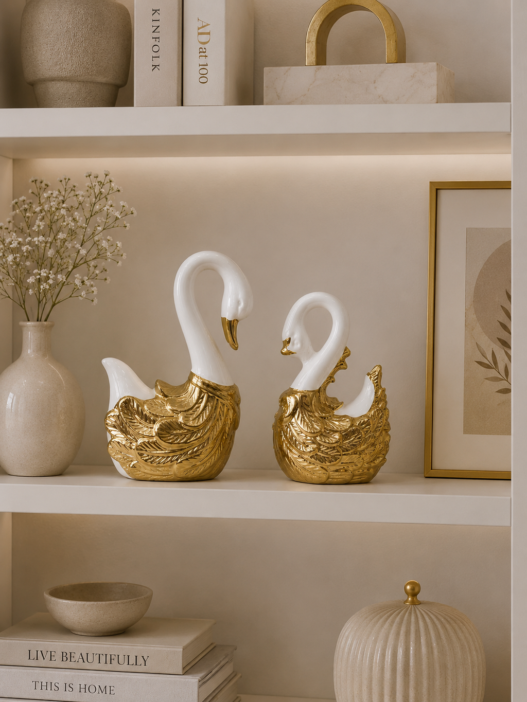 Luxury White & Gold Ceramic Swan Figurine Set | Modern Decorative Swan Sculptures (Set of 2)