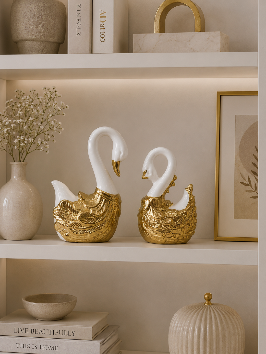 Luxury White & Gold Ceramic Swan Figurine Set | Modern Decorative Swan Sculptures (Set of 2)