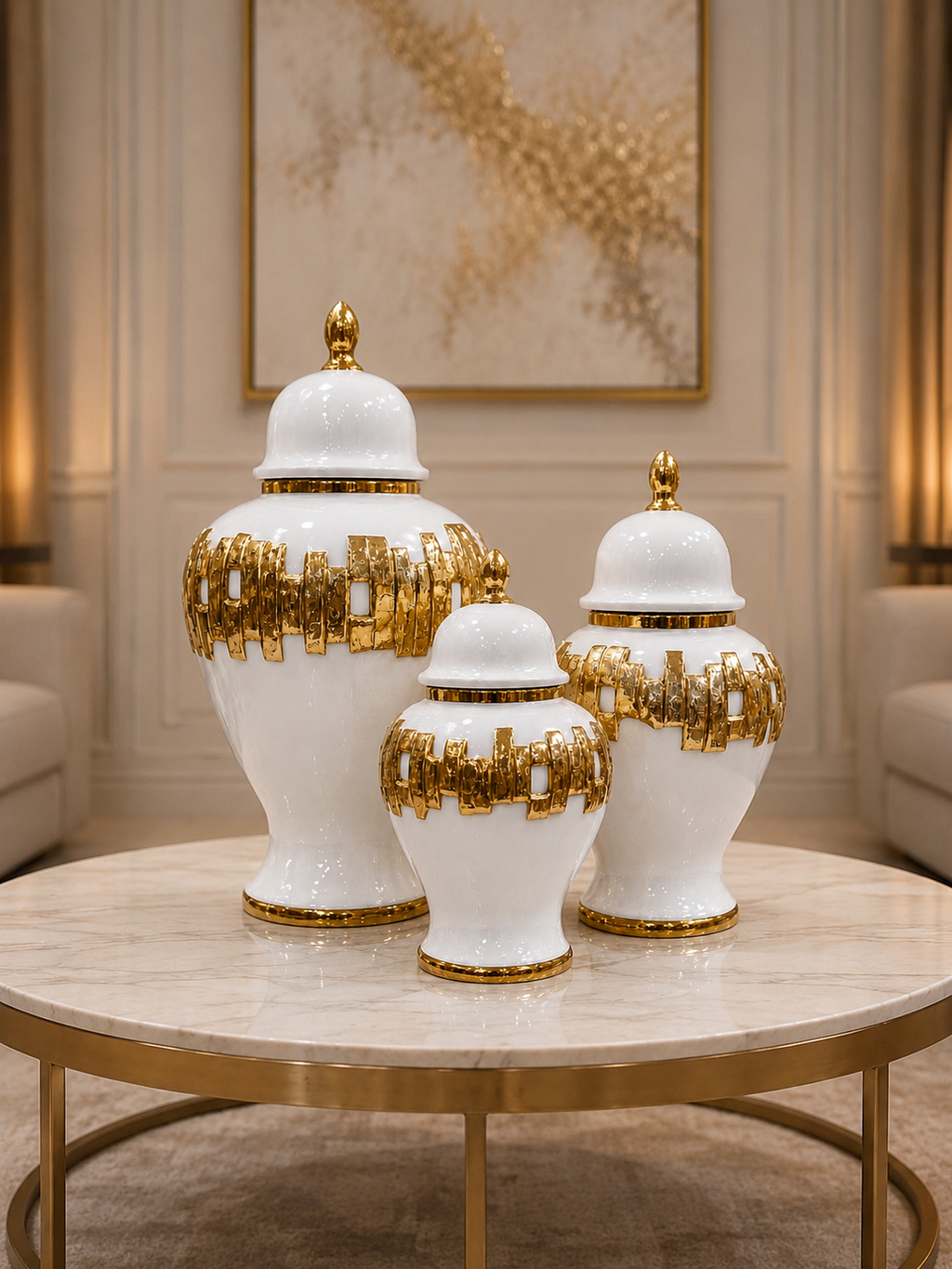 Luxury White & Gold Ceramic Candy Jar Set | Decorative Temple Jars for Living Room & Console Table (Set of 3)