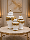 Luxury White & Gold Ceramic Candy Jar Set | Decorative Temple Jars for Living Room & Console Table (Set of 3)