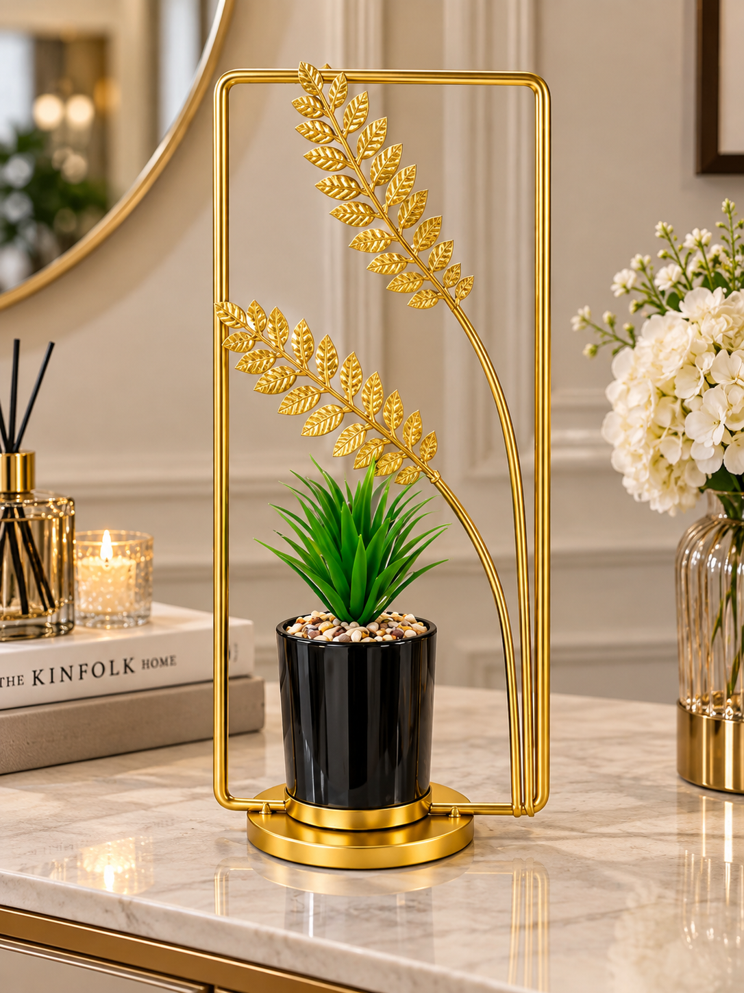 Luxury Gold Leaf Planter Stand with Black Pot – Elegant Decorative Plant Stand