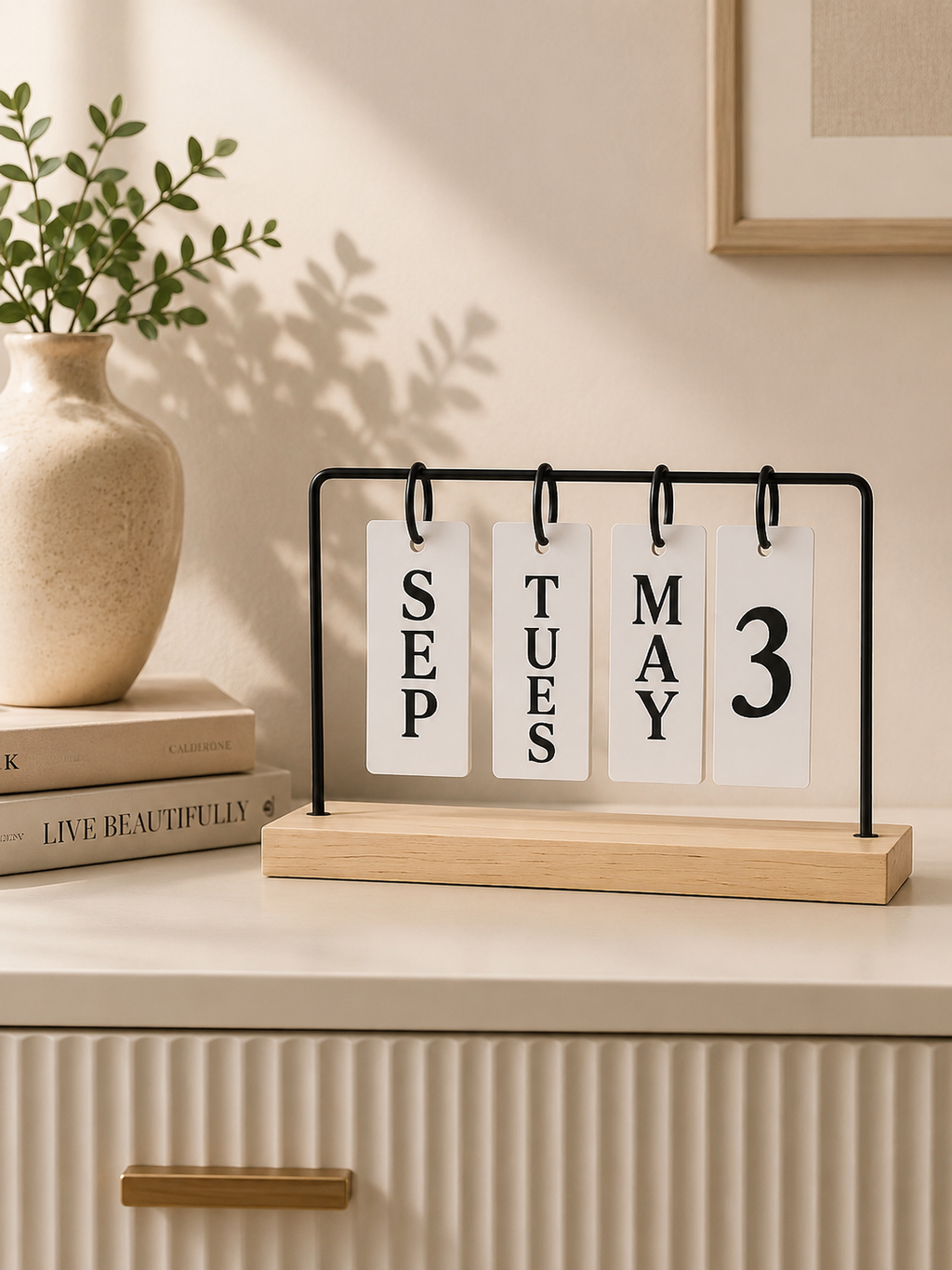 Perpetual Wooden Flip Desk Calendar | Reusable Monthly Date Display | Modern Home & Office Desktop Decor