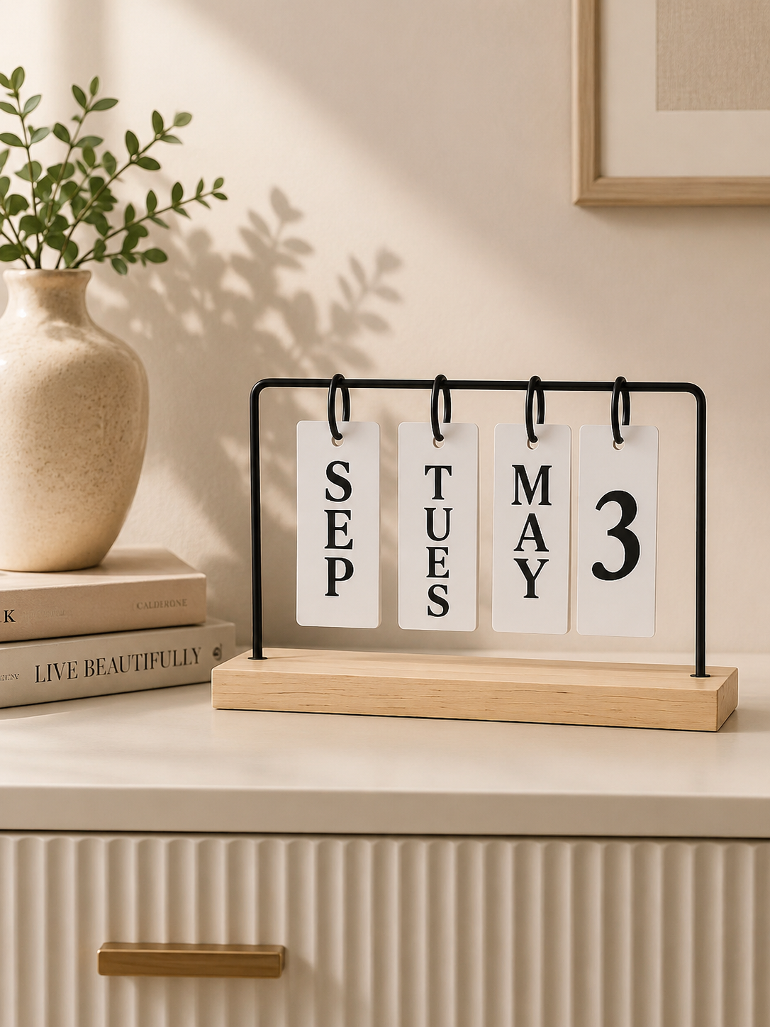 Perpetual Wooden Flip Desk Calendar | Reusable Monthly Date Display | Modern Home & Office Desktop Decor