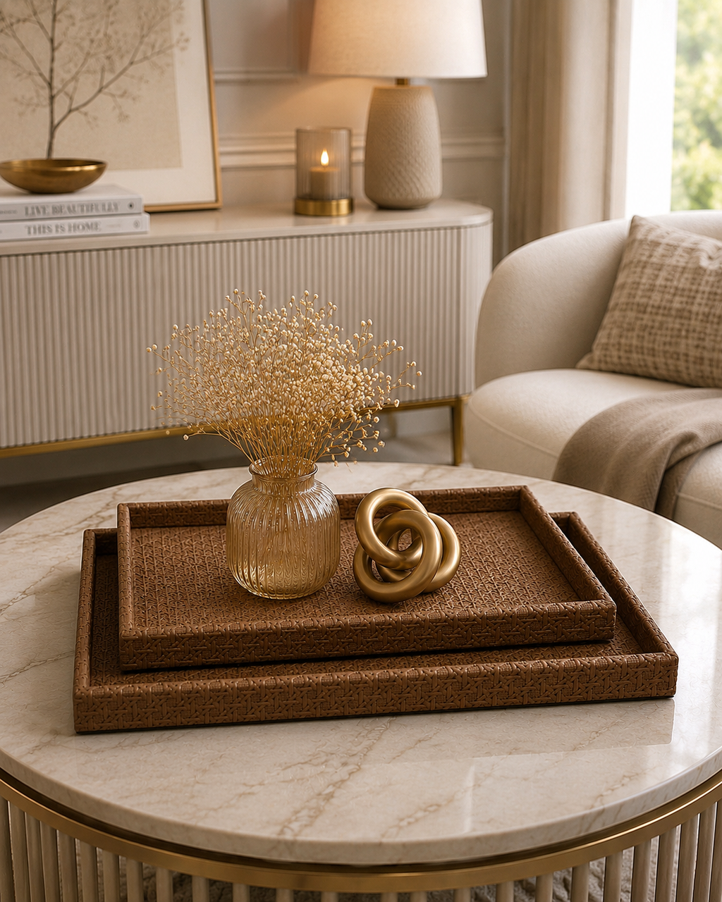 Luxury Leather Serving Tray Set | Brown Decorative Nesting Trays | Coffee Table & Ottoman Organizer (Set of 2)