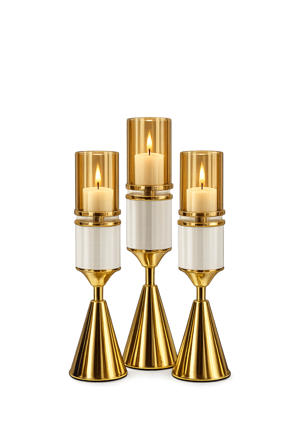 Luxury 3-Piece Gold & White Hurricane Candle Holder Set | Modern Metal & Glass Candle Stands | Elegant Table Centerpiece