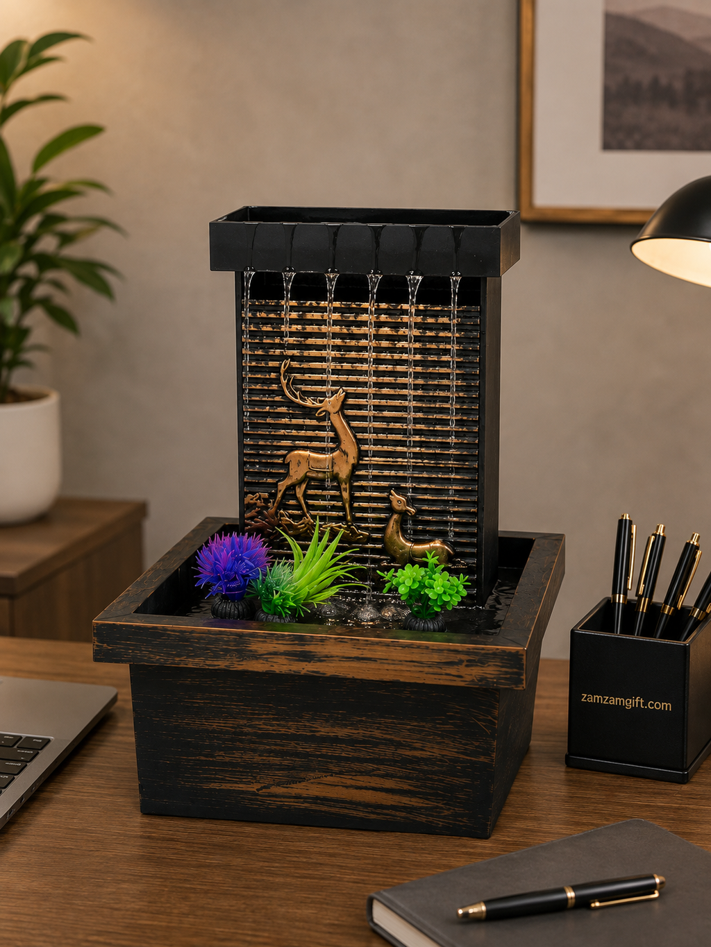 Rustic Deer Tabletop Water Fountain | Decorative Indoor Waterfall Fountain for Home & Office