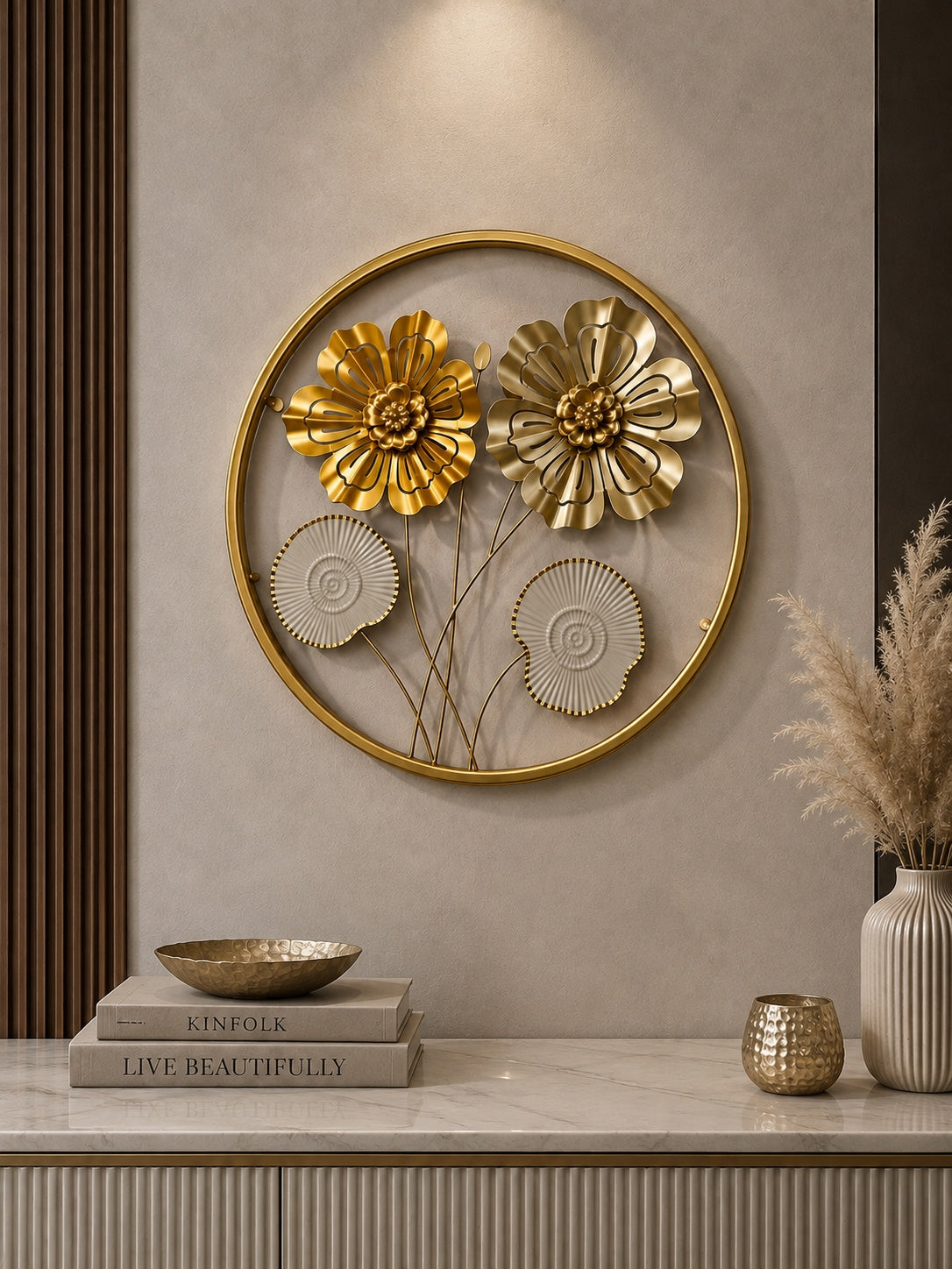 Luxury Golden Floral Round Wall Art – Elegant 3D Metal Flower Wall Decor