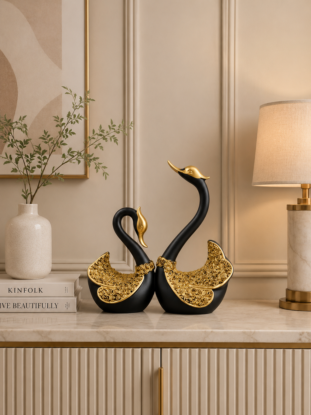 Luxury Black & Gold Swan Sculpture Set | Modern Decorative Showpieces | Elegant Home Décor (Set of 2)