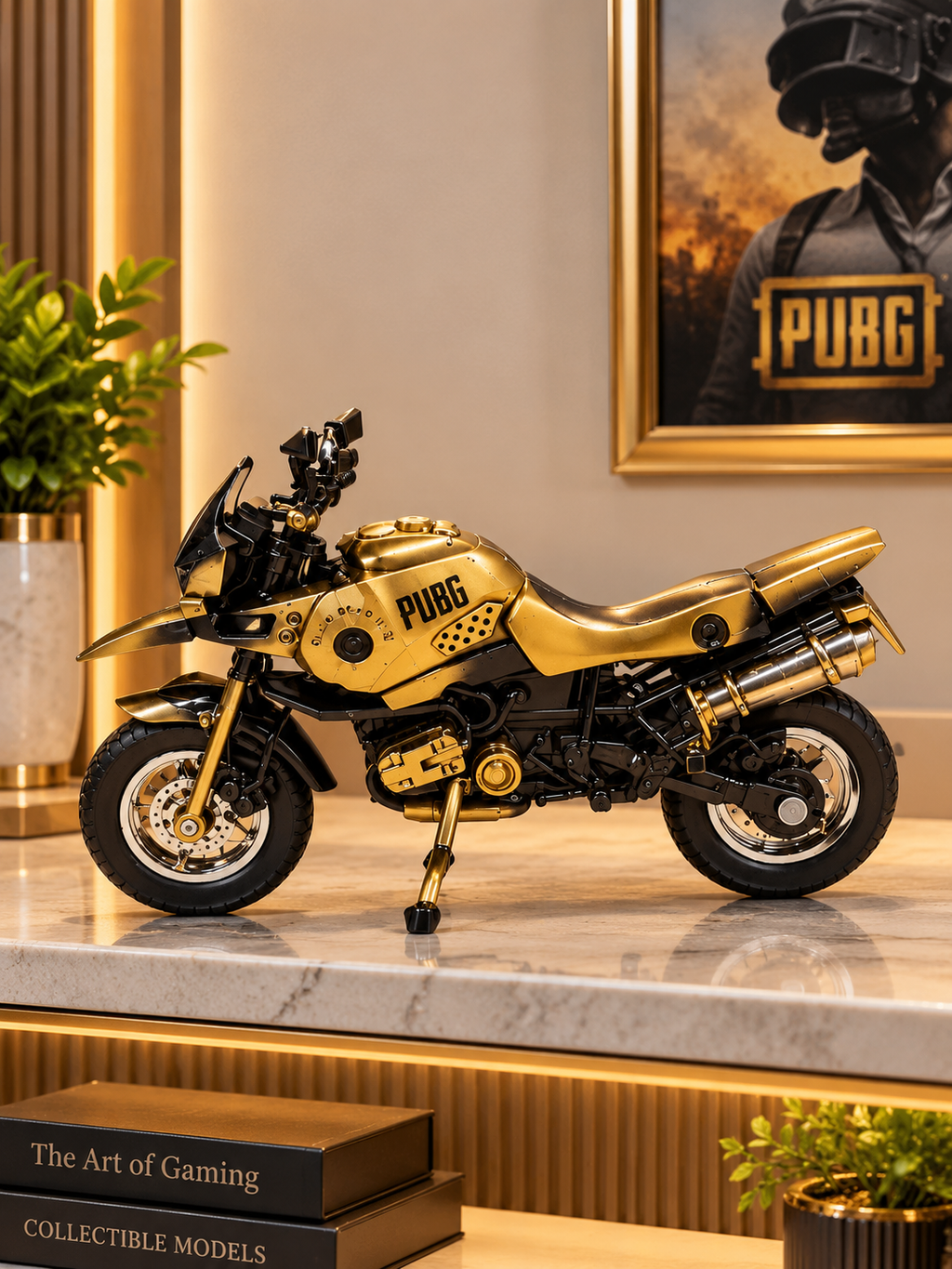 Premium PUBG-Inspired Gold & Black Motorcycle Decorative Showpiece
