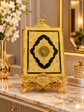 Luxury Golden Quran Decorative Stand with Crescent Moon – Islamic Home Décor