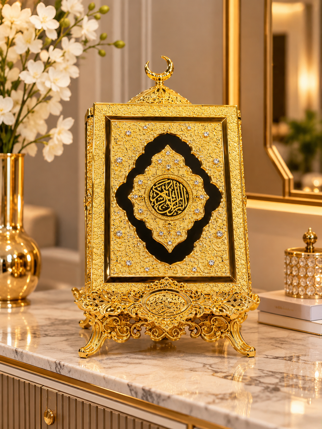 Luxury Golden Quran Decorative Stand with Crescent Moon – Islamic Home Décor