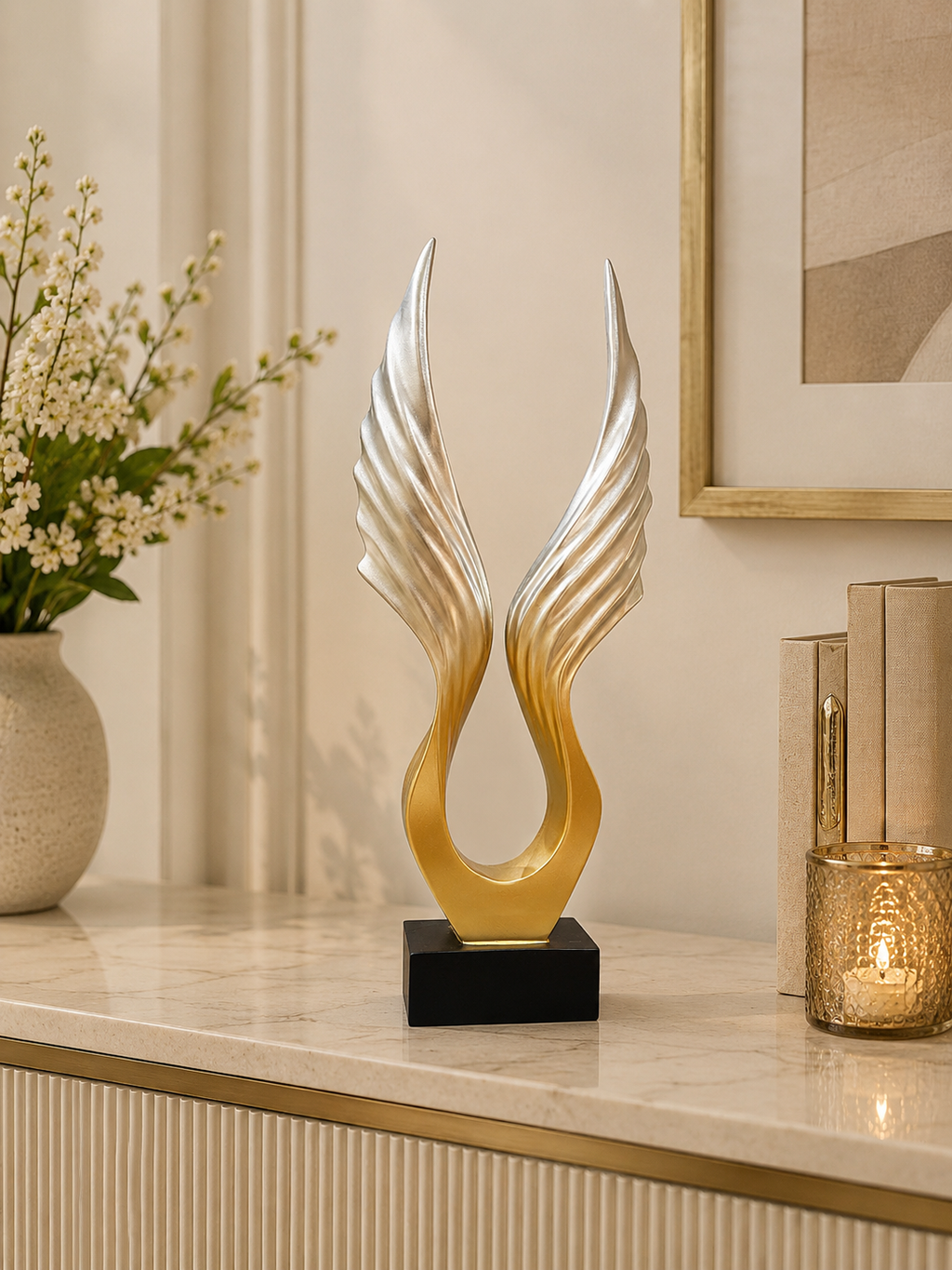 Modern Golden & Silver Angel Wings Sculpture | Luxury Abstract Resin Showpiece | Premium Home Décor Accent