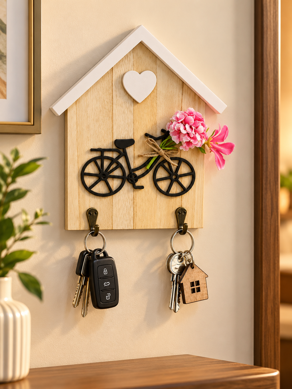 Bicycle Key Holder Wall Decor – Wooden House-Shaped Key Organizer with 2 Hooks