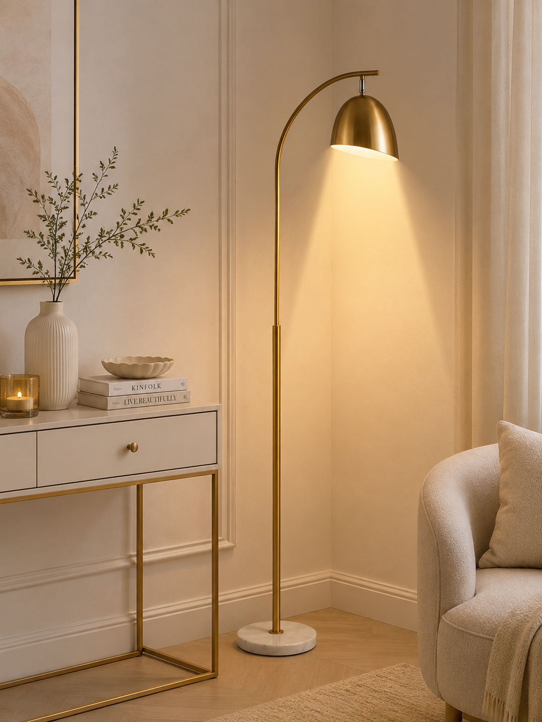 Modern Gold Metal Floor Lamp with Marble Base | Contemporary Standing Reading Lamp | Luxury Living Room & Bedroom Light