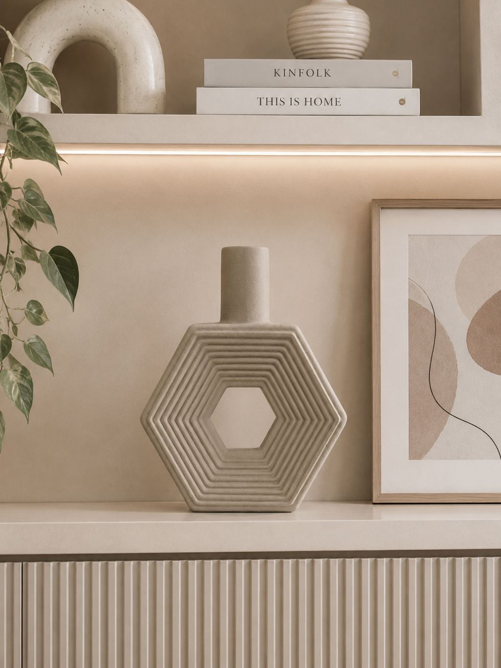 Modern Geometric Hexagon Ceramic Decorative Vase | Minimalist Hollow Flower Vase | Beige Home Décor