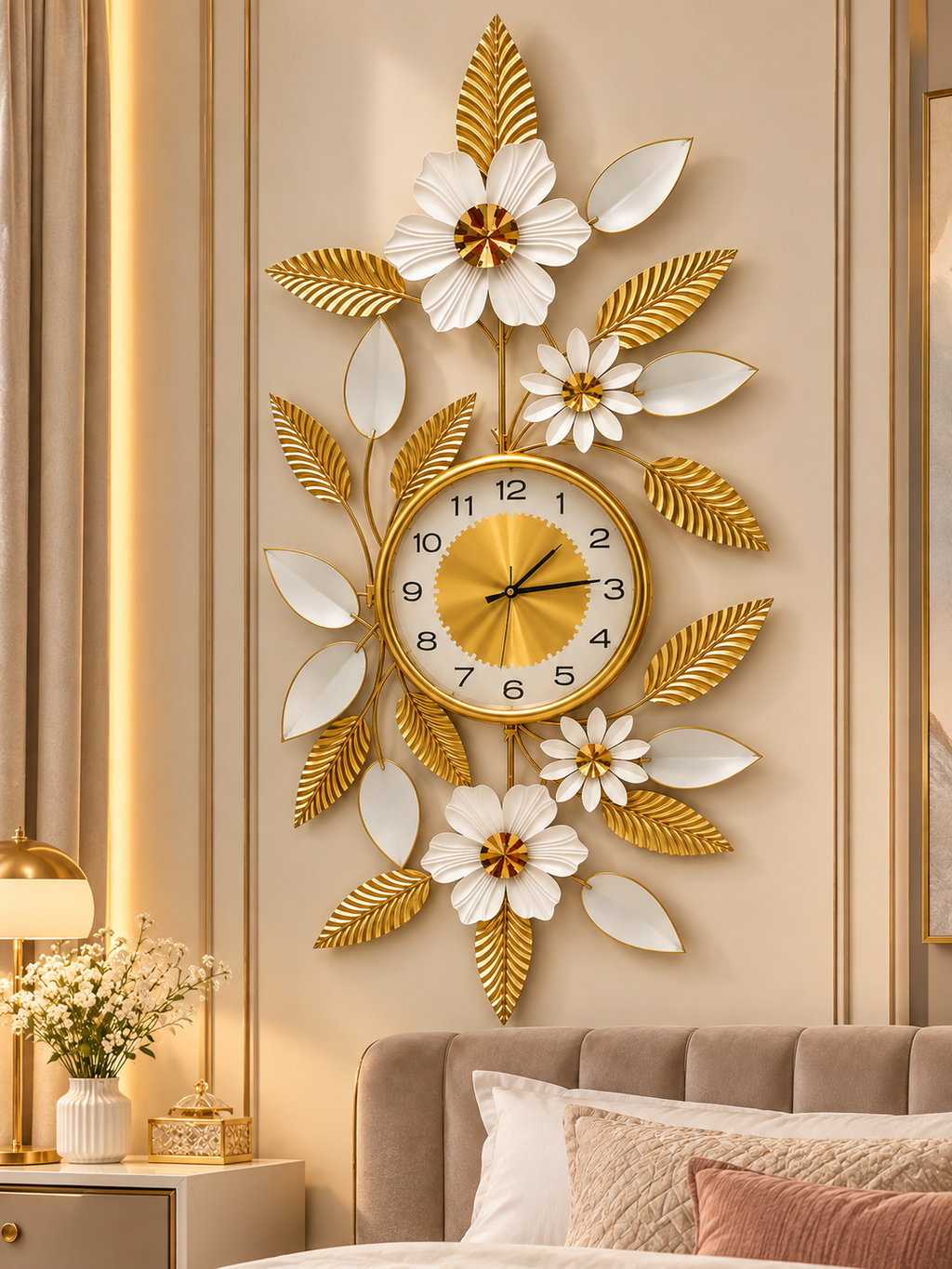 Luxury Gold & White Floral Wall Clock – Elegant Decorative Metal Wall Décor