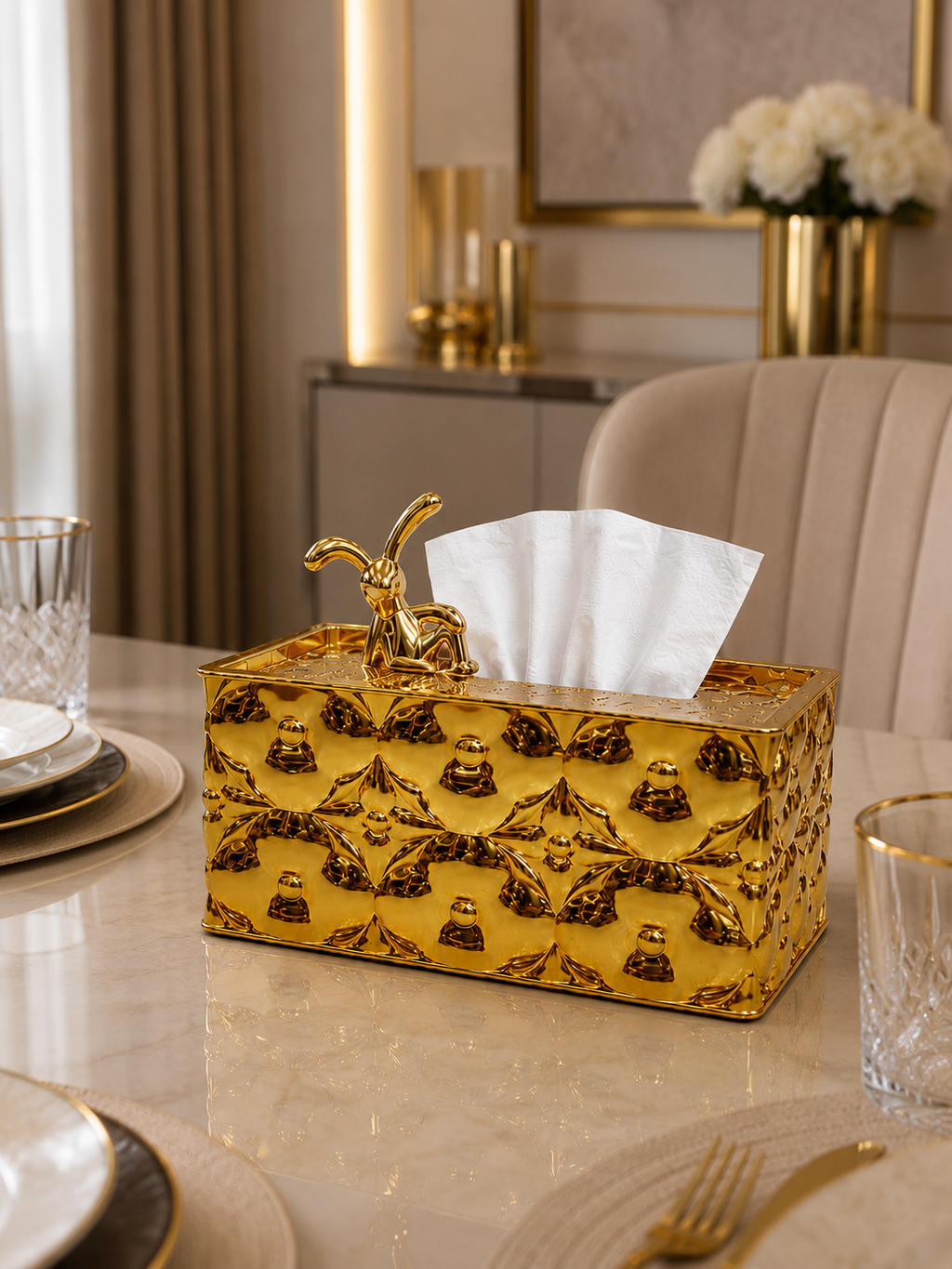 Luxury Rabbit Decorative Tissue Box Holder | Modern Gold & Silver Tissue Paper Storage Box for Living Room & Dining Table.