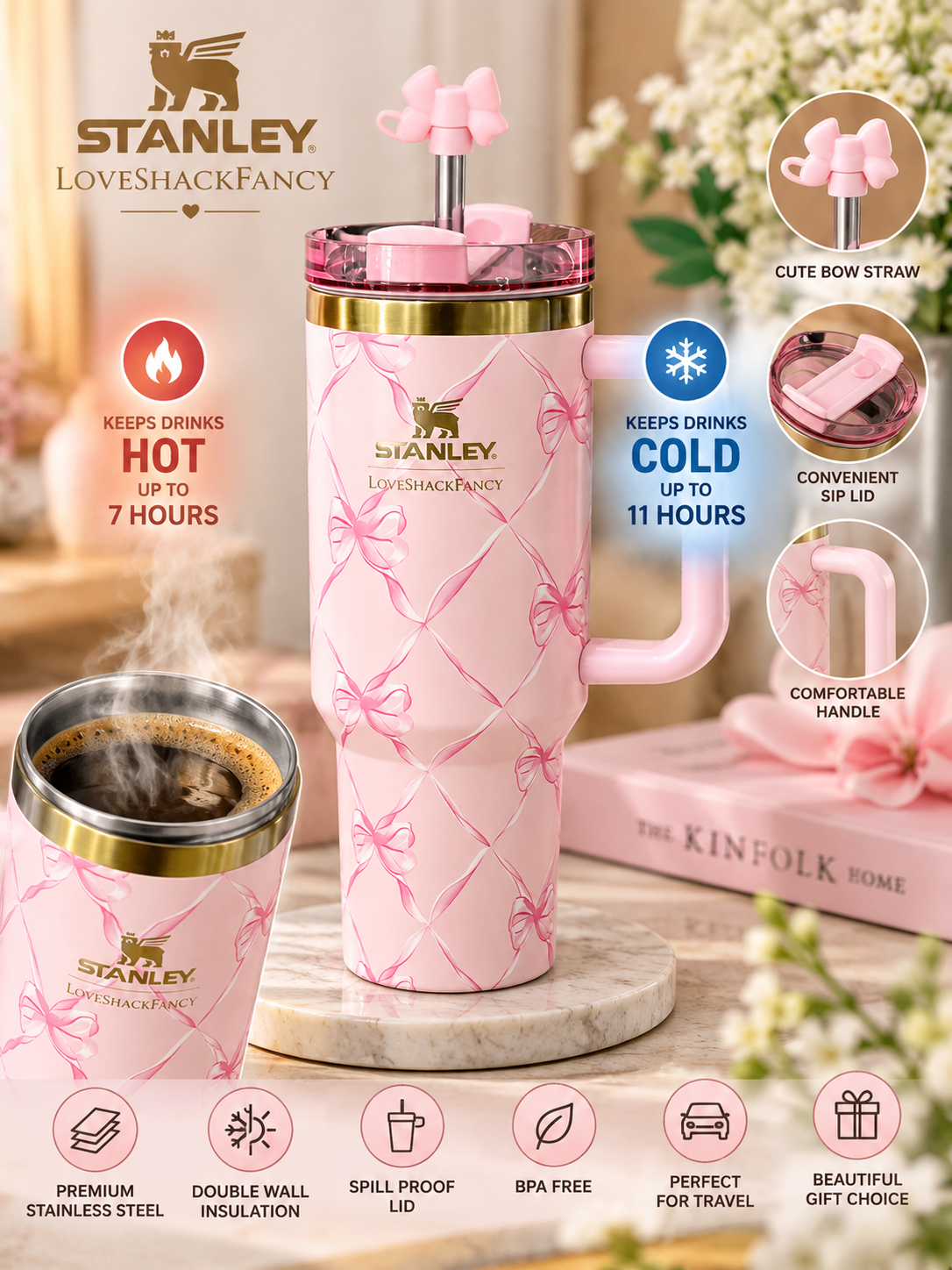 Stanley x LoveShackFancy Pink Bow Tumbler with Handle & Straw