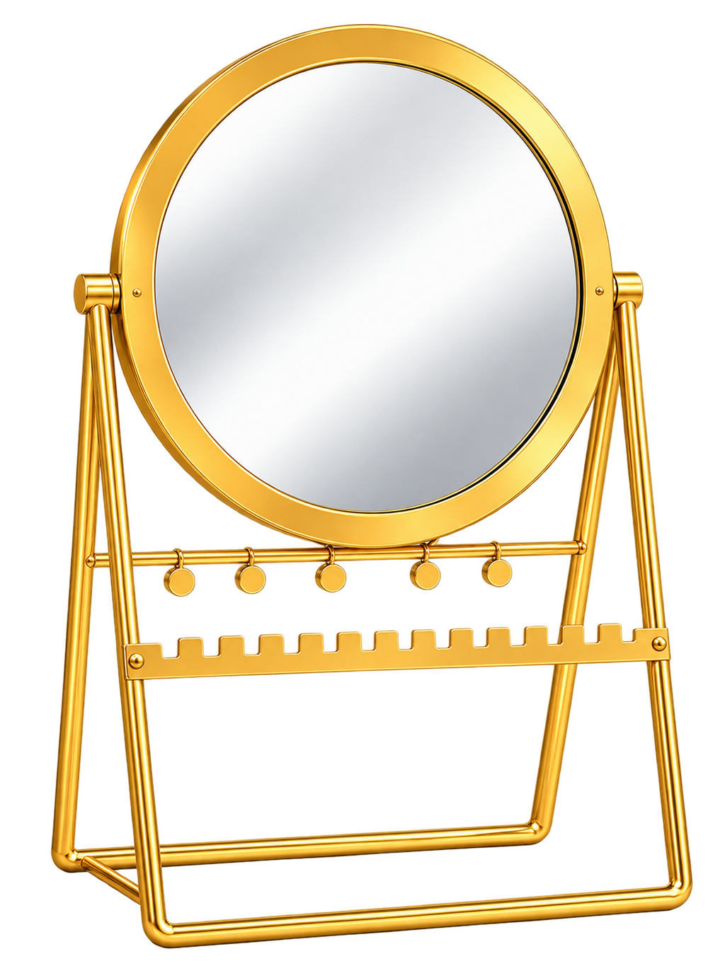 Luxury Gold Round Vanity Mirror with Jewelry Organizer Stand – Elegant Tabletop Makeup Mirror