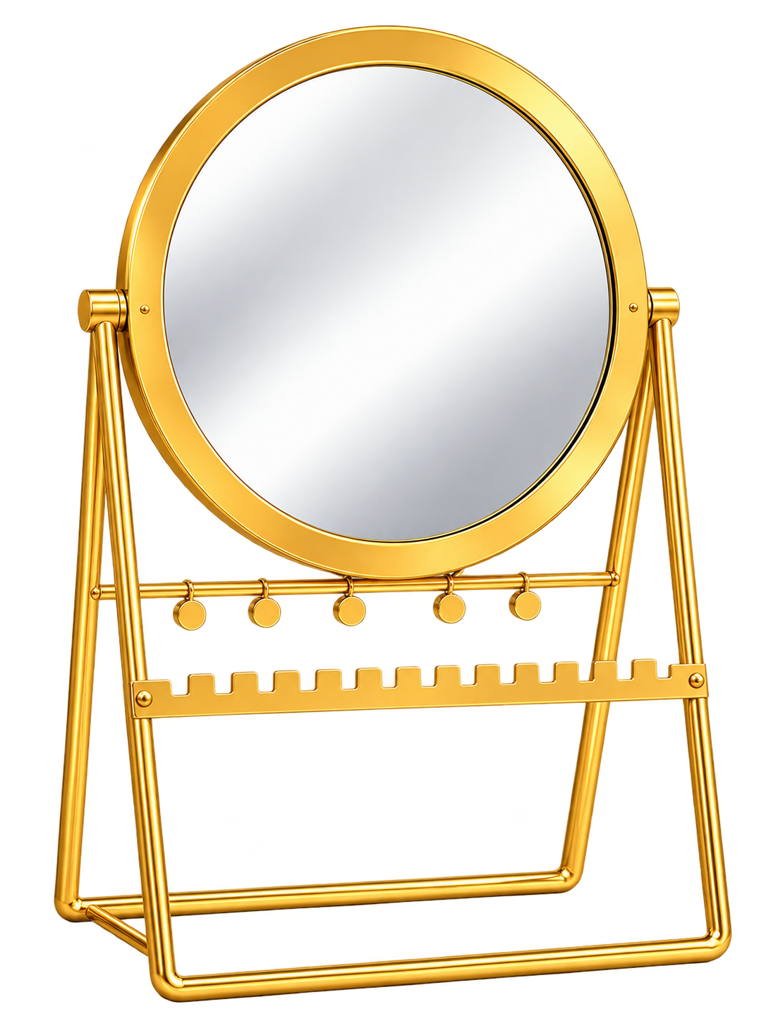 Luxury Gold Round Vanity Mirror with Jewelry Organizer Stand – Elegant Tabletop Makeup Mirror