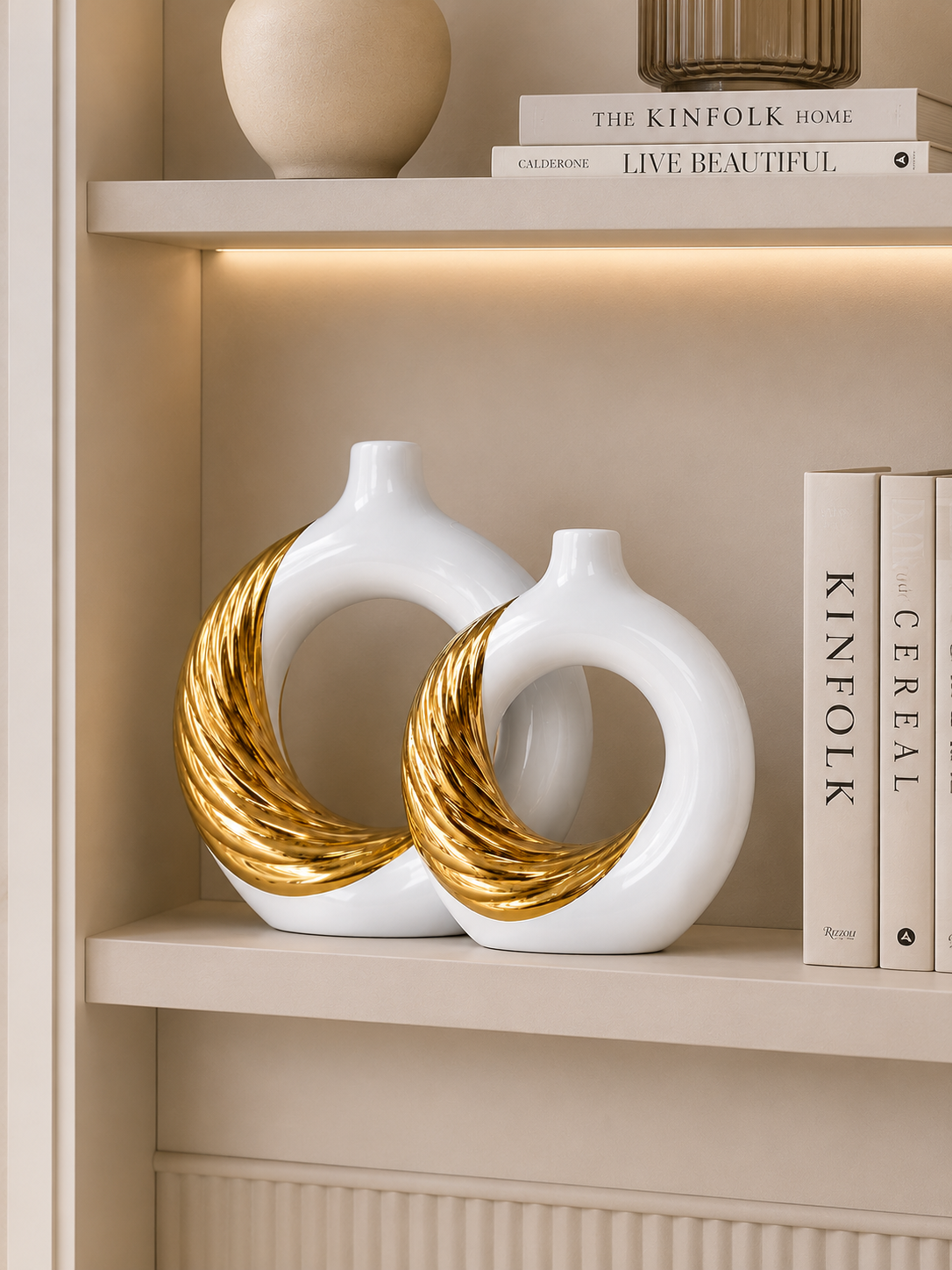 Modern White & Gold Ceramic Vase Set | Hollow Decorative Donut Vases | Luxury Home Décor (Set of 2)
