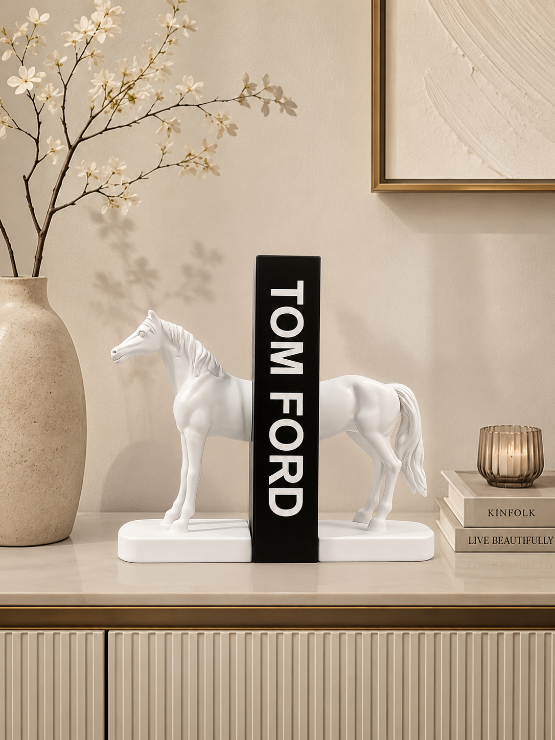 Modern Horse Bookends | White Resin Decorative Book Holder Set | Luxury Home Décor