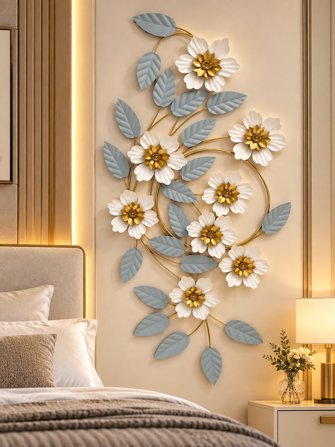 Elegant White & Gold Floral Wall Art with Grey Leaves – Modern Luxury Metal Décor
